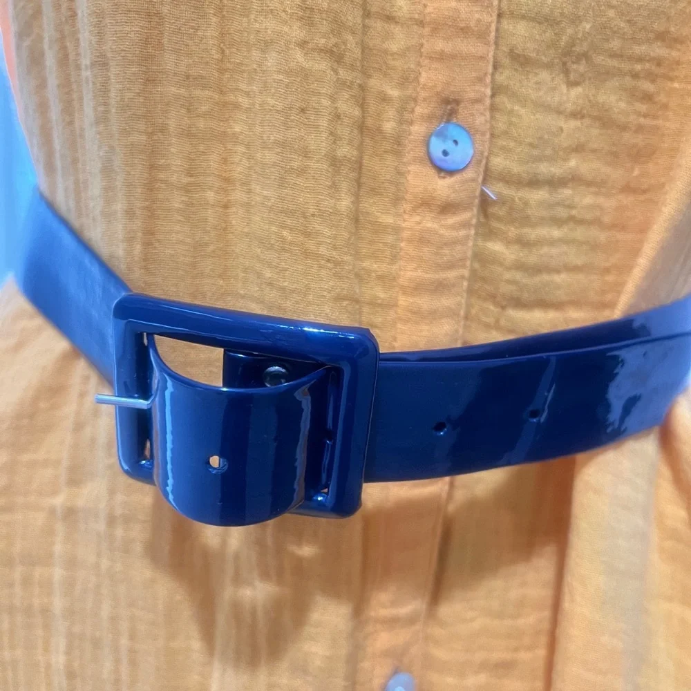 Vintage 80s Women’s Blue Patent Leather High Waist Rectangle Buckle Fashion Belt